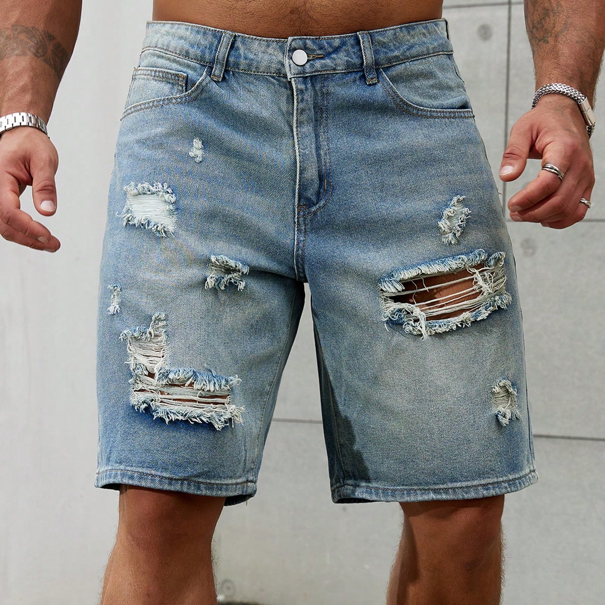 Jeans curto de algodão rasgado - Streetwear Brand Jacket avaliação e preço
